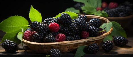 AI generated Ripe blackberries arranged on a rustic table. photo