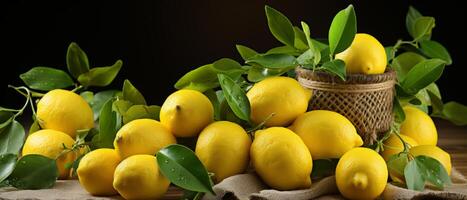 AI generated Bright yellow lemons in a bowl on a rustic table. photo