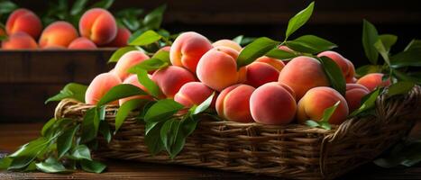 AI generated Ripe peaches in a wicker basket on a wooden table. photo