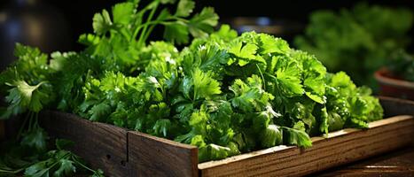 AI generated Fresh parsley in a rustic wooden crate. photo