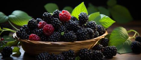 AI generated Ripe blackberries arranged on a rustic table. photo