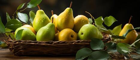 AI generated Fresh yellow pears in a wicker basket on a rustic wooden table. photo