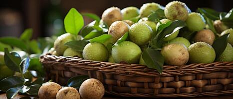 AI generated Rustic scene of fresh macadamia nuts in a wooden bowl. photo