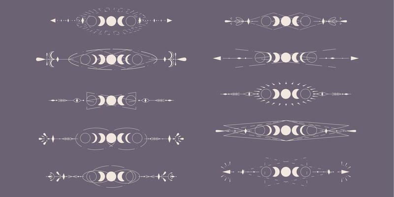 Moon Phases set with celestial border isolated on dark background. Mystic esoteric symbol with moon and border. Astrology cycle eclipse. Vector design element.