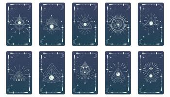 tarot tarjeta conjunto con místico ojo pirámide y celestial borde. boho esotérico tarot tarjeta con ojo y marco. vector ilustración. sagrado geometría celestial triángulo