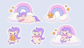 linda dibujos animados unicornio kawaii colocar. unicornio con estrella, arco iris kawaii animal pegatina. magia linda poni. dibujos animados vector ilustración