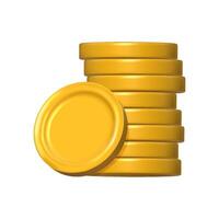 Gold Coin stack 3d render. Game Money pile on white background. Rotating empty coin for game reward and prize. Vector 3d illustration.