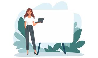 Flat vector illustration. Woman standing next to a large banner and holding a laptop, online presentation. Presentation and banner for a web site. Place for your text on the banner