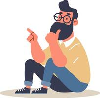 Flat vector illustration. A man is sitting in a pensive pose and thinking over a question.