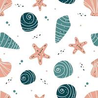 Seamless vector pattern with a nautical theme. Cute shells and starfish on white background. Pattern for products on white background