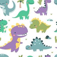 Seamless vector pattern. Cute dinosaurs in bright colors. Illustrations in a simple children's style. White background