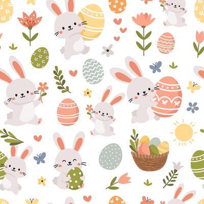 Seamless vector pattern for the holiday of bright Easter. Cute Easter bunnies, eggs, flowers and butterflies