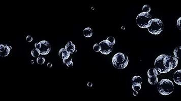 Abstract flying transparent blue bubbles on black background. Shallow depth of field. Soap bubbles flying on black background. Animation of digital graphics. A lot of bubbles float to the surface of video