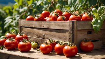 AI generated Harvest of ripe tomatoes in a wooden box in the vegetable garden photo