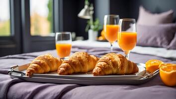 AI generated Glasses of orange juice, croissants on a tray on the bed photo