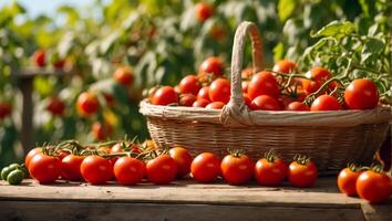 AI generated Harvest of ripe tomatoes in a basket in the vegetable garden photo