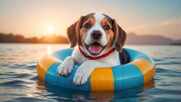 ai generado linda perro en un nadando circulo a mar foto