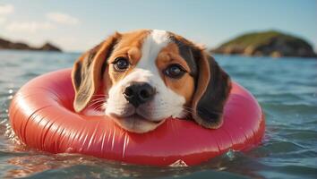 ai generado linda perro en un nadando circulo a mar foto