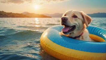 ai generado linda perro en un nadando circulo a mar foto