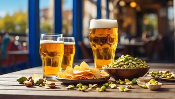 AI generated glasses with light beer, various snacks on the table photo