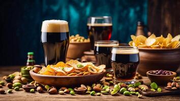 ai generado lentes con oscuro cerveza, varios meriendas en el mesa foto