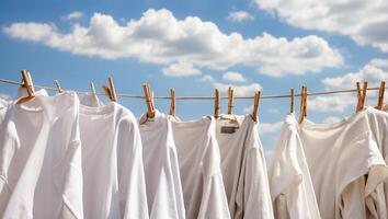 ai generado limpiar blanco camiseta es el secado en un tendedero en contra el cielo foto
