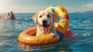 AI generated Cute dog in a swimming circle at sea photo