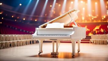 AI generated Beautiful white piano in the concert hall photo