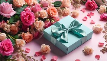 AI generated Beautiful bouquet flowers, gift box on the table photo