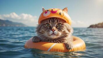 ai generado linda gato en un nadando circulo foto