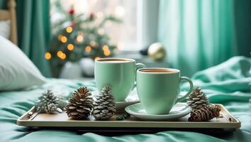 ai generado hermosa tazas con café en un bandeja, un pino cono, un Navidad árbol rama, en el dormitorio foto