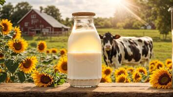 AI generated milk bottles on the farm photo