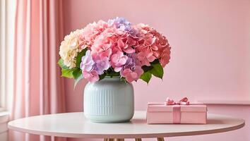 AI generated Beautiful vase with hydrangea flowers, gift box on the table photo