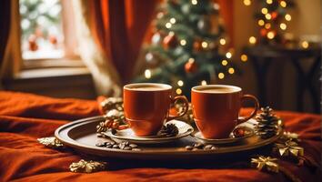 ai generado hermosa tazas con café en un bandeja, un pino cono, un Navidad árbol rama, en el dormitorio foto
