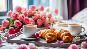 ai generado cruasanes, un taza de café, flores en un bandeja en el dormitorio foto