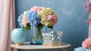 AI generated Beautiful vase with hydrangea flowers, gift box on the table photo