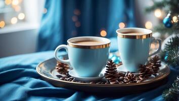 AI generated Beautiful cups with coffee on a tray, a pine cone, a Christmas tree branch, in the bedroom photo