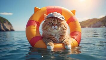 ai generado linda gato en un nadando circulo foto