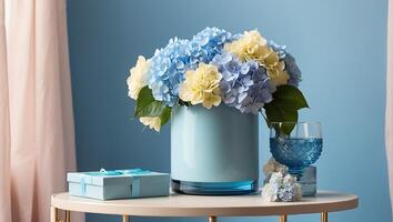 AI generated Beautiful vase with hydrangea flowers, gift box on the table photo