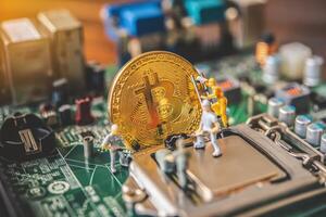 miniatura personas o pequeño figura trabajador en oro bitcoin poco moneda criptomoneda bancario dinero digital poco moneda btc moneda tecnología negocio Internet concepto. foto