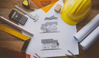 top view House blueprint and work equipment consisting of a calculator, compass, compass, helmet, placed on a wooden floor. concept equipment of the engineers working photo