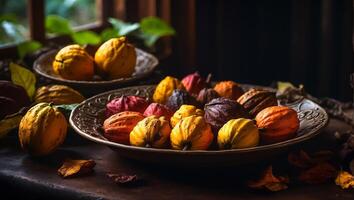 AI generated Ripe cocoa fruits in the kitchen photo