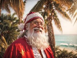 ai generado Papa Noel claus en el playa foto