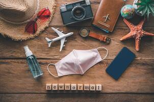 Protecting COVID-19 while Traveling. Travel accessories costumes. Passports, luggage, The cost of travel maps prepared for the trip .concept new normal lifestyle photo