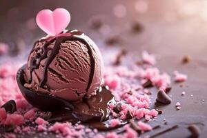 AI generated Balls of pink ice cream covered with chocolate. Strawberry flavor photo