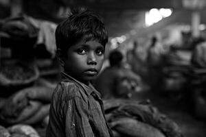 AI generated Portrait of an Asian Boy at work. Child labor. Black and white photo