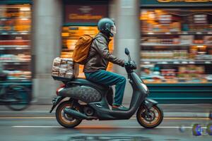 AI generated A man in a helmet rides a moped around the city.Delivery of goods on a moped photo