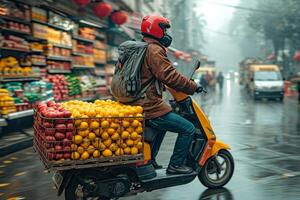 AI generated A man in a helmet rides a moped around the city.Delivery of goods on a moped photo