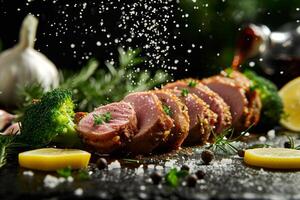 AI generated fried stuffed duck, sliced, with lemon leaves, broccoli, garlic and rosemary photo