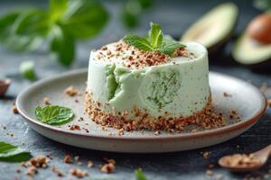 AI generated Homemade green ice cream with avocado on a plate decorated with greens photo